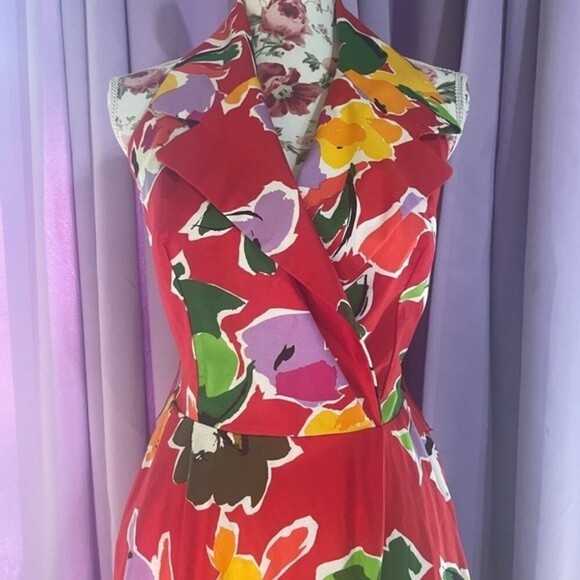 Vintage Collared Jackie Bernard Red Floral Low Back Halter Dress Size 14 - Picture 2 of 6